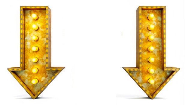 Two retro elctric bulb down arrow sign with a petina of rust in gold.